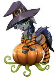 Size: 1545x2142 | Tagged: suggestive, artist:dankflank, derpibooru import, oc, oc:nightglider, unofficial characters only, bat pony, pony, bat pony oc, candy, clothes, crossed hooves, fangs, female, food, halloween, hat, holiday, lollipop, looking at you, mare, open mouth, panties, pumpkin, slit eyes, socks, solo, stockings, striped socks, striped underwear, thigh highs, tongue out, underwear, witch hat