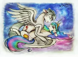 Size: 2560x1883 | Tagged: suggestive, artist:das_leben, derpibooru import, princess celestia, oc, oc:light knight, alicorn, pegasus, pony, canon x oc, clothes, eye contact, female, lightestia, looking at each other, male, mare, panties, shipping, stallion, straight, traditional art, underwear