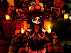 Size: 900x675 | Tagged: safe, artist:whatthehell!?, derpibooru import, edit, rarity, equestria girls, altar de muertos, calaverita, candle, cempasúchil, clothes, dia de los muertos, doll, equestria girls minis, flower, food, fruit, hat, irl, makeup, night, ofrenda, outfit, paper, photo, sugar skull, toy