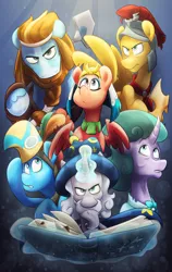 Size: 1728x2736 | Tagged: safe, artist:luximus17, derpibooru import, flash magnus, meadowbrook, mistmane, rockhoof, somnambula, star swirl the bearded, earth pony, pegasus, pony, unicorn, shadow play, book, female, group, male, mare, pillars of equestria, stallion