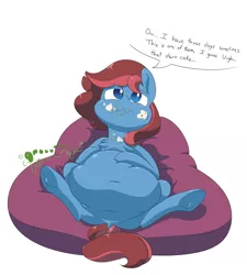 Size: 1800x2000 | Tagged: artist:anonopony, ask, belly, belly button, big belly, cushion, derpibooru import, dialogue, fat, male, oc, oc:anonopony, on back, safe, simple background, solo, squishy, stomach noise, stuffed, talking to viewer, tumblr, underhoof, unofficial characters only, wavy mouth, white background