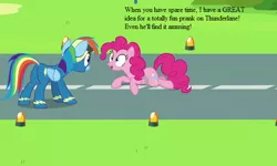 Size: 624x374 | Tagged: clothes, cropped, derpibooru import, edit, edited screencap, implied prank, implied thunderlane, pinkie pie, rainbow dash, safe, screencap, secrets and pies, track, uniform, wonderbolts uniform