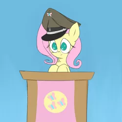 Size: 1100x1100 | Tagged: safe, artist:otherdrawfag, derpibooru import, fluttershy, pegasus, pony, cutie mark flag, dictator, fasces, fascism, flag, hat, looking at you, peaked cap, podium, simple background