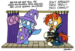 Size: 2209x1522 | Tagged: safe, artist:bobthedalek, derpibooru import, sunburst, trixie, pony, unicorn, uncommon bond, bondage, cape, chains, clothes, hat, magic show, simple background, stage, trixie's cape, trixie's hat, unsexy bondage, white background