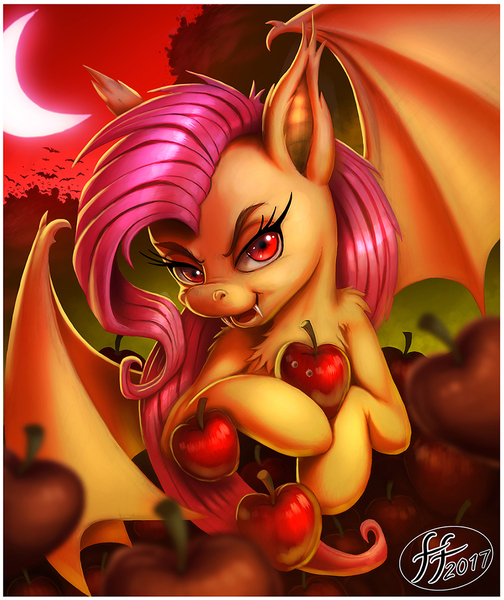 Size: 953x1134 | Tagged: safe, artist:14-bis, derpibooru import, fluttershy, bat pony, pony, apple, bat wings, chest fluff, crescent moon, fangs, flutterbat, food, head turn, hoof hold, lidded eyes, looking at you, moon, open mouth, race swap, red eyes, solo, spread wings, wings