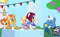 Size: 5060x3186 | Tagged: safe, artist:ironm17, derpibooru import, cayenne, citrus blush, indian summer, pokey pierce, raspberry cream, pony, unicorn, sisterhooves social, bandana, canterlot, clothes, eating contest, female, food, grin, happy, headcanon, pie, polo shirt, shirt, sisters, smiling, t-shirt