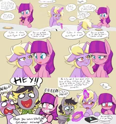 Size: 3000x3200 | Tagged: safe, artist:jake heritagu, derpibooru import, dinky hooves, lily longsocks, oc, oc:aero, earth pony, pegasus, pony, unicorn, comic:ask motherly scootaloo, blushing, book, clothes, colt, comic, danish, derp, dialogue, dinkily, facedesk, female, food, interrupted, lesbian, lidded eyes, looking at each other, male, offspring, older, older dinky hooves, older lily longsocks, open mouth, paper, parent:derpy hooves, parent:oc:warden, parents:canon x oc, parents:warderp, pastry, pencil, scarf, shipping, simple background, smiling, sugarcube corner, table, yellow background