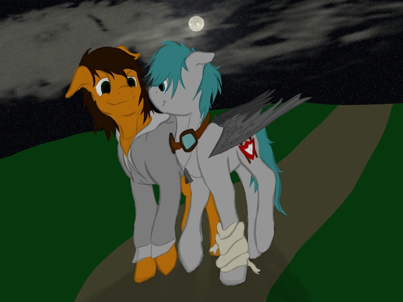 Size: 2000x1500 | Tagged: safe, artist:speedpaintthegod, derpibooru import, oc, oc:chainmail, oc:neat sketch scribble, unofficial characters only, earth pony, pegasus, pony, bandage, bladed wings, clothes, cutie mark, dog tags, gay, goggles, hoodie, male, moon, night, night sky, oc x oc, prosthetic wing, shipping, sky, stars