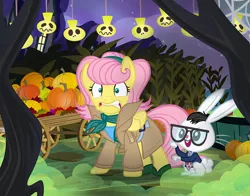 Size: 1000x784 | Tagged: safe, artist:pixelkitties, derpibooru import, angel bunny, fluttershy, pegasus, pony, alternate hairstyle, barbra blair, clothes, cosplay, costume, crossover, duo, female, frightened, glasses, halloween, holiday, johnny blair, necktie, night, night of the living dead, night sky, nightmare night, nightmare night costume, open mouth, pumpkin, scared, sky, smoke, stars, wagon