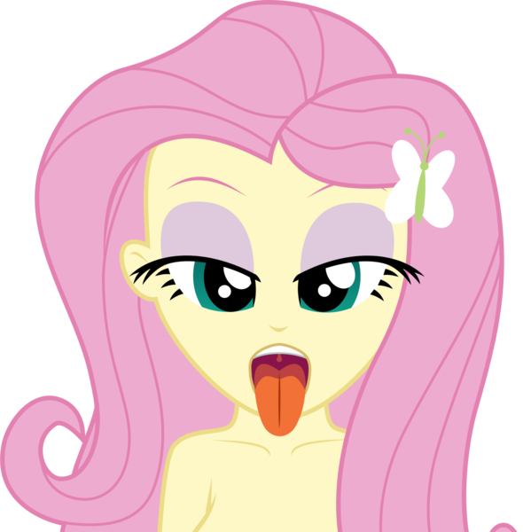 Size: 1370x1393 | Tagged: artist needed, source needed, questionable, derpibooru import, fluttershy, equestria girls, .svg available, barrette, bedroom eyes, breasts, eyeshadow, female, looking at you, makeup, nudity, open mouth, show accurate, simple background, smiling, solo, solo female, svg, teeth, tongue out, transparent background, uvula, vector