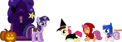 Size: 11536x3980 | Tagged: apple bloom, artist:roger334, clothes, costume, cutie mark crusaders, decoration, derpibooru import, fake cutie mark, golden oaks library, halloween, holiday, jack-o-lantern, mare in the moon, moon, nightmare night, optimus prime, pumpkin, red riding hood, safe, scootaloo, simple background, sweetie belle, transparent background, trick or treat, twilight sparkle, witch