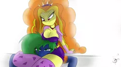 Size: 2700x1500 | Tagged: suggestive, artist:the4thhomunculus, derpibooru import, adagio dazzle, oc, equestria girls, between legs, boobhat, breasts, busty adagio dazzle, canon x oc, cleavage, clothes, equestria girls-ified, fingerless gloves, gloves, lidded eyes, simple background, smiling, socks, thigh highs, unamused, white background