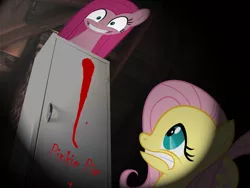 Size: 3648x2736 | Tagged: safe, artist:sb1991, derpibooru import, part of a set, fluttershy, pinkie pie, pony, attic, lightning, not blood, pinkamena diane pie, red paint, scared, stare, stare down, story included