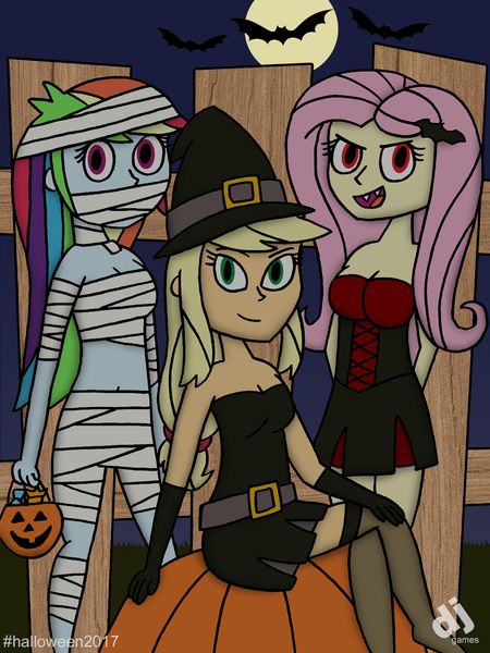 Size: 1200x1600 | Tagged: safe, artist:djgames, derpibooru import, applejack, fluttershy, rainbow dash, vampire, equestria girls, full moon, halloween, holiday, moon, mummy, witch