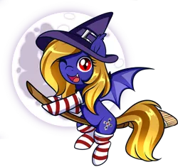 Size: 1394x1308 | Tagged: safe, artist:xwhitedreamsx, derpibooru import, oc, oc:butter cream, unofficial characters only, bat pony, bat pony oc, bat wings, broom, clothes, commission, cute, female, flying, flying broomstick, halloween, happy halloween, hat, holiday, image, looking at you, mare, moon, one eye closed, png, simple background, socks, striped socks, transparent background, wink, witch hat, ych result