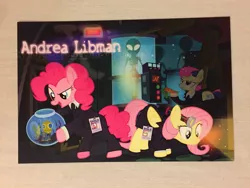 Size: 1200x900 | Tagged: safe, artist:pixelkitties, derpibooru import, bon bon, fluttershy, pinkie pie, sweetie drops, alien, earth pony, pegasus, pony, andrea libman, autograph, carrot, clothes, cutie mark, dark room, female, fish bowl, food, halloween, holiday, id card, light, mare, parody, pixelkitties' brilliant autograph media artwork, s.m.i.l.e., science fiction, uniform, voice actor joke, x-files