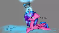 Size: 960x540 | Tagged: alicorn, alicorn oc, artist:winter-shadow7, bucket, derpibooru import, floppy ears, ice bucket challenge, lying down, oc, oc:melody aurora, offspring, pail, parent:flash sentry, parents:flashlight, parent:twilight sparkle, puddle, safe, signature, unamused, unofficial characters only, wet, wet mane