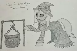 Size: 3976x2660 | Tagged: safe, artist:nightwind-arts, derpibooru import, oc, oc:last call, unofficial characters only, unicorn, cauldron, clothes, costume, halloween, halloween costume, hat, holiday, monochrome, nightmare night, nightmare night costume, sketch, solo, standing, traditional art, witch, witch hat