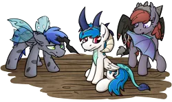 Size: 3328x1985 | Tagged: safe, artist:moemneop, derpibooru import, oc, oc:kami, oc:lukida, oc:prince rigel, unofficial characters only, bat pony, pegasus, pony, changeling costume, clothes, costume, dragon costume, female, lukami, male, mare, nightmare night costume, simple background, stallion, transparent background