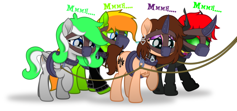 Size: 6401x3000 | Tagged: safe, artist:applec1234, deleted from derpibooru, derpibooru import, oc, oc:chloe adore, oc:crypto, oc:feather touch, oc:jax, unofficial characters only, pony, my little pony: the movie, bondage, bound together, collar, gag, harness, horn cap, lead, magic suppression, muffled words, muzzle gag, rope, simple background, slavery, tack, transparent background