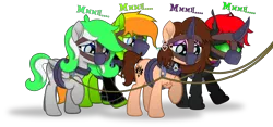 Size: 6401x3000 | Tagged: safe, artist:applec1234, deleted from derpibooru, derpibooru import, oc, oc:chloe adore, oc:crypto, oc:feather touch, oc:jax, unofficial characters only, pony, my little pony: the movie, bondage, bound together, collar, gag, harness, horn cap, lead, magic suppression, muffled words, muzzle gag, rope, simple background, slavery, tack, transparent background