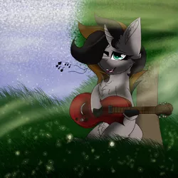 Size: 2560x2560 | Tagged: safe, artist:brokensilence, derpibooru import, oc, oc:emerald whiplash, unofficial characters only, unicorn, chest fluff, commission, ear fluff, grass, guitar, leonine tail, music notes, one eye closed, singing, sitting, solo, tree