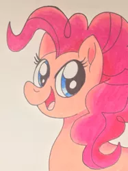 Size: 750x1003 | Tagged: safe, artist:pavementartist, derpibooru import, pinkie pie, earth pony, pony, bust, looking at you, movie accurate, open mouth, portrait, smiling, solo, traditional art