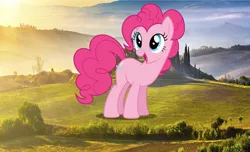 Size: 1229x746 | Tagged: safe, artist:dashiesparkle, artist:lightning19567, derpibooru import, pinkie pie, pony, giant pony, irl, italy, macro, photo, ponies in real life, solo, tuscany