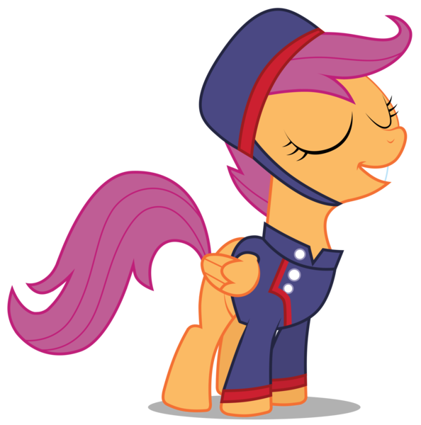 Size: 2972x3000 | Tagged: safe, artist:brony-works, derpibooru import, scootaloo, pony, family appreciation day, bellhop, clothes, eyes closed, hat, high res, scootagram, shadow, simple background, solo, transparent background, uniform, vector, work clothes