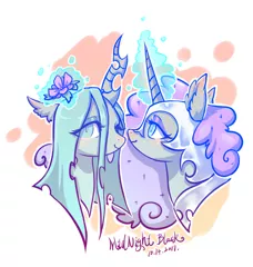 Size: 1024x1078 | Tagged: alicorn, artist:midnight black, changeling, changeling queen, chrysmoon, derpibooru import, female, flower, glowing horn, lesbian, mare, nightmare moon, queen chrysalis, safe, shipping, smiling