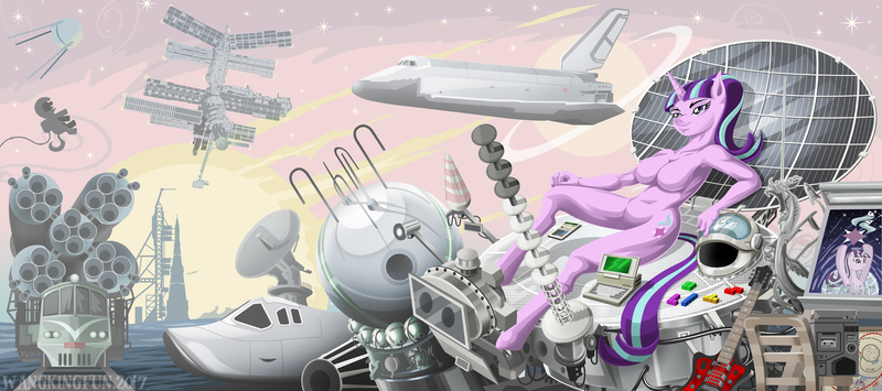 Size: 2048x910 | Tagged: questionable, artist:wangkingfun, derpibooru import, starlight glimmer, ponified, anthro, pony, unicorn, alexei leonov, armpits, barbie doll anatomy, breasts, buran, featureless breasts, featureless crotch, female, lapot, lunokhod, mir, n1, n1 rocket, r7, r7 rocket, russia, russian, solo, solo female, soviet union, soyuz, space shuttle buran, space station, spaceship, sputnik, stalin glimmer, tetris, voskhod 2, vostok