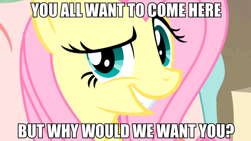 Size: 2560x1440 | Tagged: a bird in the hoof, always works, anti-bronybait, artist:dwk, bronybait, derpibooru import, discordant harmony, dreamworks face, edit, edited screencap, flutterbitch, fluttershy, image macro, meme, safe, screencap, smug, solo, totally legit recap