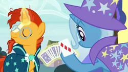 Size: 1280x720 | Tagged: card, card trick, derpibooru import, duo, eyes closed, hoof hold, levitation, magic, magic trick, playing card, safe, screencap, sunburst, telekinesis, three of diamonds, trixie, uncommon bond