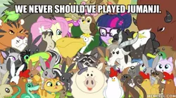 Size: 600x337 | Tagged: safe, derpibooru import, edit, edited screencap, screencap, bessie, fluttershy, harry, sci-twi, twilight sparkle, bald eagle, bat, bear, beaver, big cat, buffalo, cat, chicken, cow, duck, eagle, flamingo, goat, hawk, monkey, mouse, otter, owl, pelican, pig, rabbit, raccoon, skunk, snake, squirrel, tiger, equestria girls, friendship games, friendship games bloopers, image macro, jumanji, meme