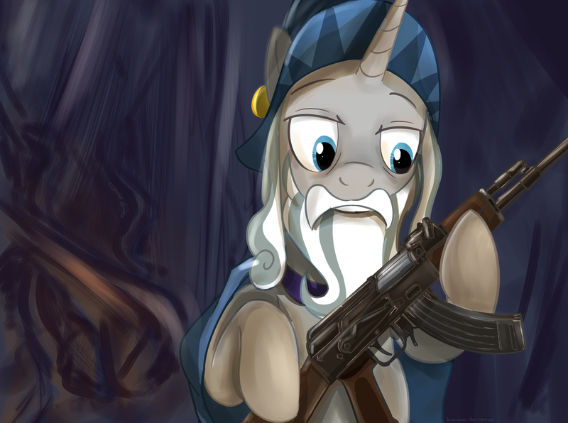 Size: 1280x953 | Tagged: safe, artist:buckweiser, derpibooru import, star swirl the bearded, ponified, pony, unicorn, shadow play, ak-47, akm, assault rifle, beard, facial hair, gun, hat, kalashnikov pattern, male, rifle, solo, stallion, weapon, wizard, wizard hat