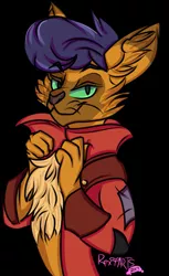 Size: 783x1280 | Tagged: abyssinian, anthro, artist:rexiarts, black background, capper dapperpaws, cat, chest fluff, clothes, coat, derpibooru import, looking at you, male, my little pony: the movie, safe, simple background, slit eyes, solo