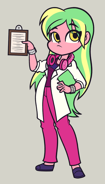 Size: 1028x1800 | Tagged: safe, artist:khuzang, derpibooru import, lemon zest, equestria girls, clipboard, clothes, female, hand on hip, headphones, lab coat, pants, solo