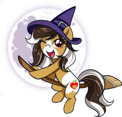 Size: 1394x1335 | Tagged: safe, artist:xwhitedreamsx, derpibooru import, oc, oc:honeycrisp, unofficial characters only, earth pony, pony, broom, cute, female, flying, flying broomstick, hat, looking at you, mare, nightmare night, one eye closed, solo, wink, witch, witch hat, ych result