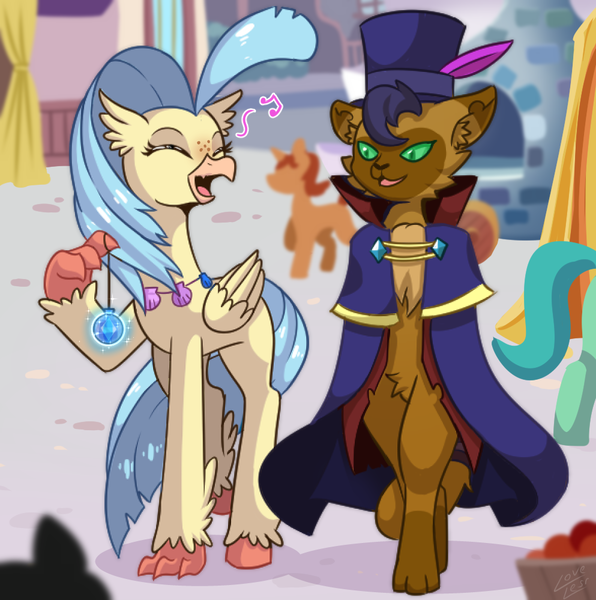 Size: 993x1000 | Tagged: abyssinian, anthro, artist:vavacung, cape, capper dapperpaws, cat, classical hippogriff, clothes, crack shipping, derpibooru import, duo, female, hat, hippogriff, male, my little pony: the movie, princess skystar, safe, shipping, skycapper, straight, top hat