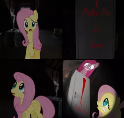 Size: 626x594 | Tagged: safe, artist:sb1991, derpibooru import, fluttershy, pinkie pie, pony, attic, comic, lightning, looking up, message, not blood, pinkamena diane pie, red paint, scared, stare, stare down, story included