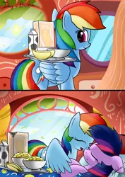 Size: 2480x3507 | Tagged: safe, artist:twidasher, derpibooru import, rainbow dash, twilight sparkle, pegasus, pony, banana, bed, breakfast, breakfast in bed, cereal, female, food, golden oaks library, lesbian, mare, milk, shipping, sleeping, twidash