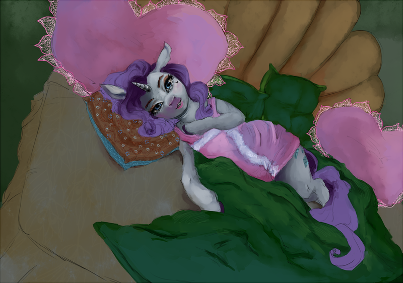 Size: 1295x909 | Tagged: safe, artist:colorlesscupcake, derpibooru import, rarity, unicorn, bed, blanket, female, lying, pillow, side, solo