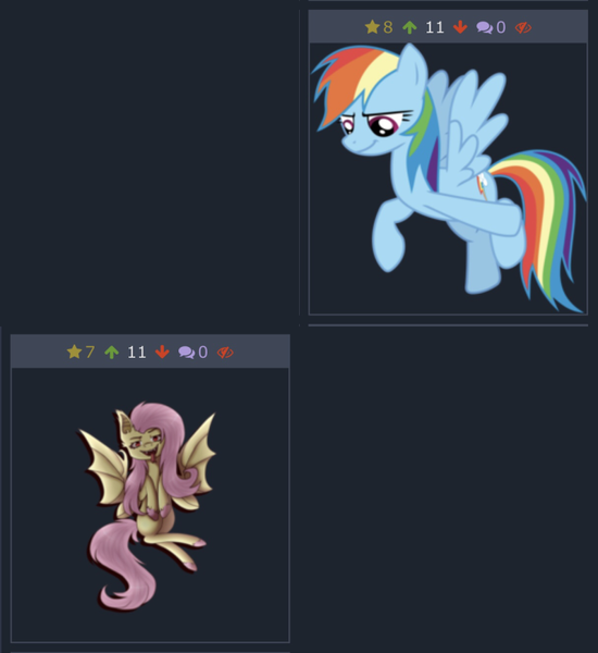 Size: 730x796 | Tagged: grimdark, derpibooru import, fluttershy, rainbow dash, derpibooru, juxtaposition, meta