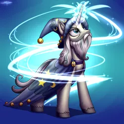 Size: 4000x4000 | Tagged: safe, artist:setharu, derpibooru import, star swirl the bearded, pony, unicorn, shadow play, absurd resolution, bags under eyes, beard, cape, clothes, facial hair, frown, glowing horn, hat, magic, male, signature, solo, stallion, standing, wizard, wizard hat