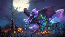 Size: 3000x1696 | Tagged: safe, artist:rocy canvas, derpibooru import, nightmare moon, queen chrysalis, alicorn, changeling, changeling queen, pony, bat wings, candle, chrysmoon, female, full moon, glowing horn, halloween, high res, holiday, hybrid wings, jack-o-lantern, lesbian, mare, moon, night, pumpkin, shipping, tree