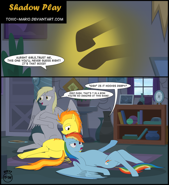 Size: 4218x4617 | Tagged: safe, artist:toxic-mario, derpibooru import, derpy hooves, rainbow dash, spitfire, pony, comic:toxic-mario's derpfire shipwreck, absurd resolution, book, comic, dialogue, mundane utility, plot, shadow, shadow puppets, spitfiery, spitfire's hair is fire, wings