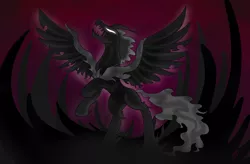 Size: 2900x1900 | Tagged: safe, artist:takutanuvataio, derpibooru import, pony of shadows, alicorn, pony, shadow play, glowing eyes, open mouth, rearing, solo, spread wings, white eyes, wings