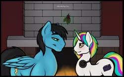 Size: 1200x755 | Tagged: safe, artist:bluebender, derpibooru import, oc, oc:lightning crash, unofficial characters only, pegasus, pony, unicorn, blushing, commission, cute, cutie mark, female, fireplace, headphones, holly, holly mistaken for mistletoe, male, pinup, romantic, straight, wings