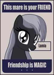 Size: 1518x2103 | Tagged: safe, artist:badumsquish, derpibooru import, oc, oc:kalianne, unofficial characters only, lamia, monster pony, original species, fangs, female, friendship, grin, looking at you, monochrome, poster, propaganda, slit eyes, smiling, solo, this man is your friend he fights for freedom, world war ii