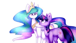 Size: 2560x1440 | Tagged: safe, artist:despotshy, derpibooru import, princess celestia, twilight sparkle, pony, unicorn, simple background, white background